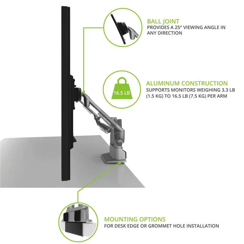 Kanto Dual-Monitor Gas Shock Desktop Mount for 17-inch to 32-inch Displays - Silver - Image 14