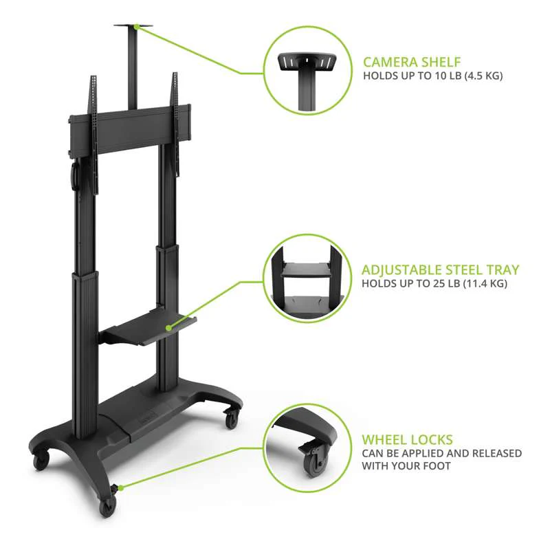 Kanto Mobile TV Mount - Aluminum Base - with Adjustable Shelf for 60-inch to 100-inch TVs - Image 12
